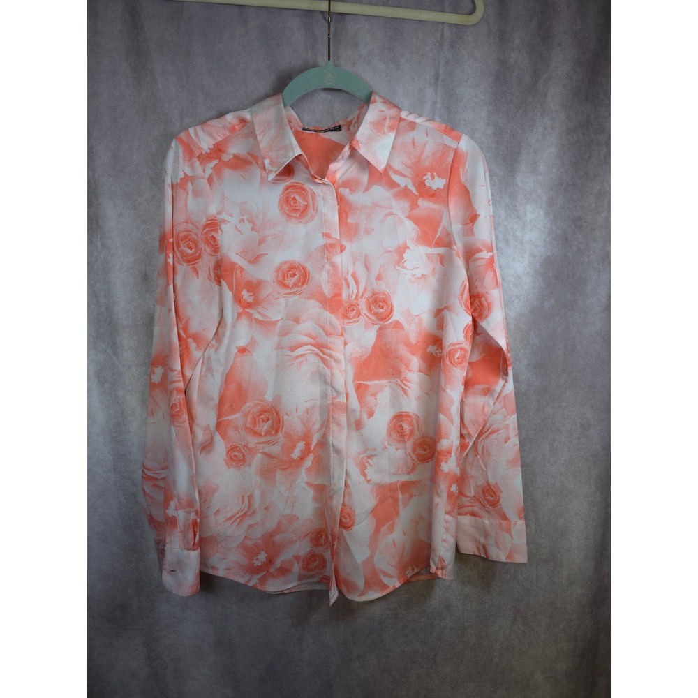 KARL LAGERFELD PARIS Coral Rose Print Long Sleeve Button Up Shirt Blouse Size S